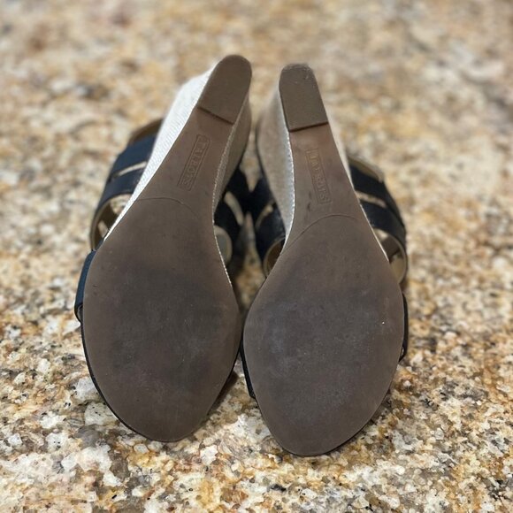 Talbots Black Pebble Leather Sandals with Fabric Wedge Heel - Picture 4 of 4